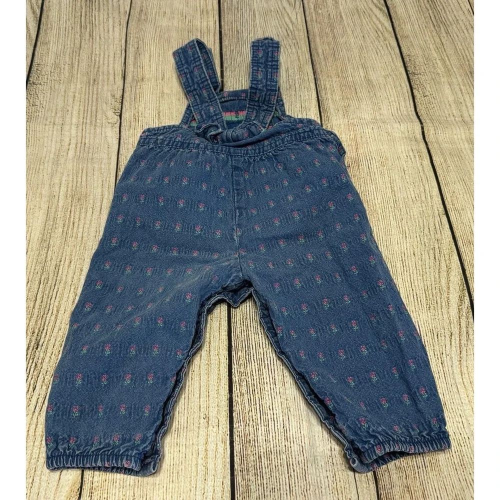 Vintage Osh Kosh B'Gosh Floral Denim Overalls Lace Peeking Pocket 12 mos GTub13